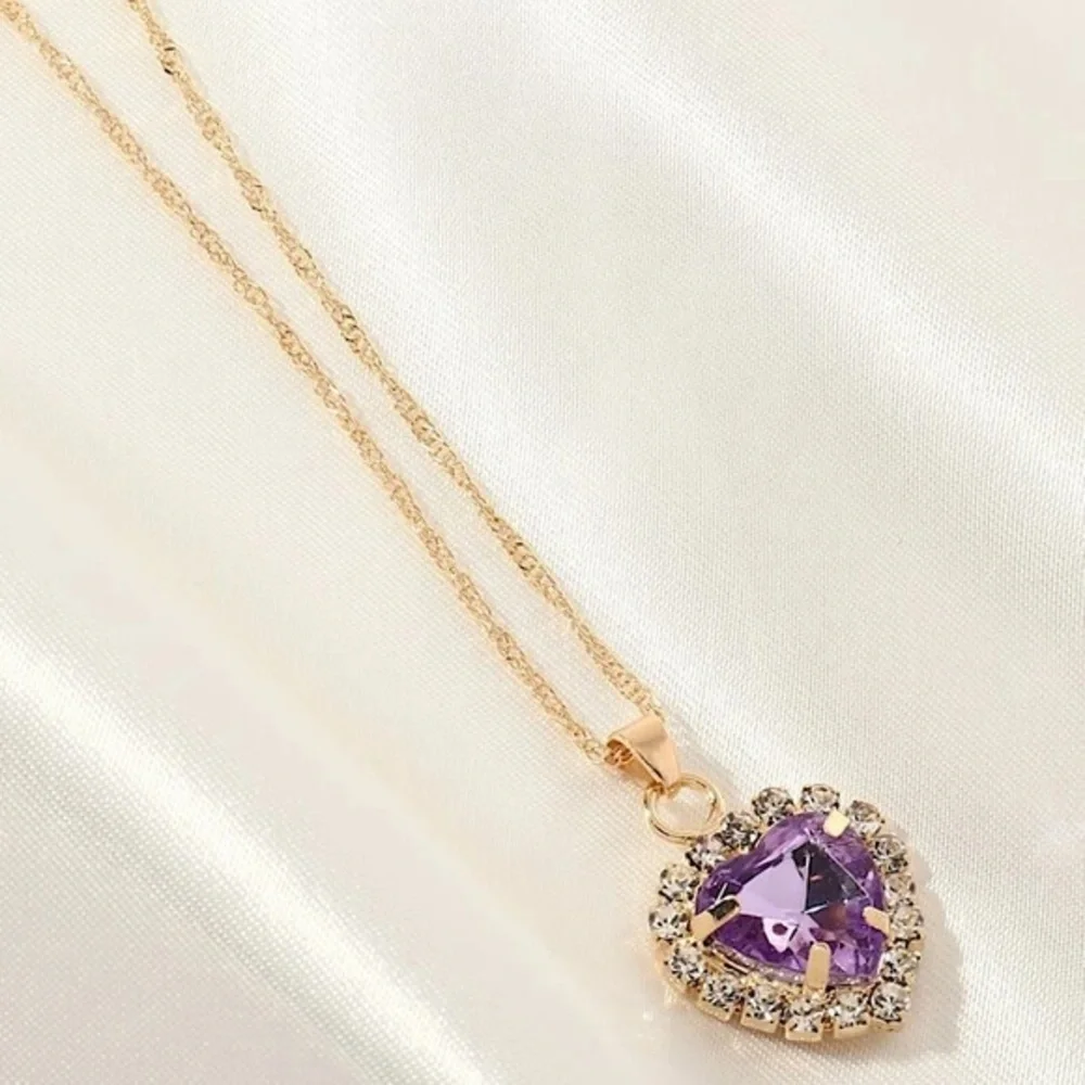 Rhinestone Heart Charm Pendant Necklace - Picture 2 of 7